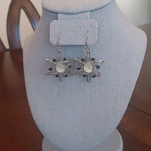 Natural Crystal Star Sunburst Silver Earrings 1.5"